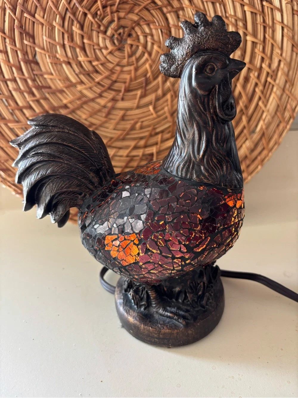 Vintage Mosiac Glass Brown Chicken Rooster Night Light Table Desk Accent Light